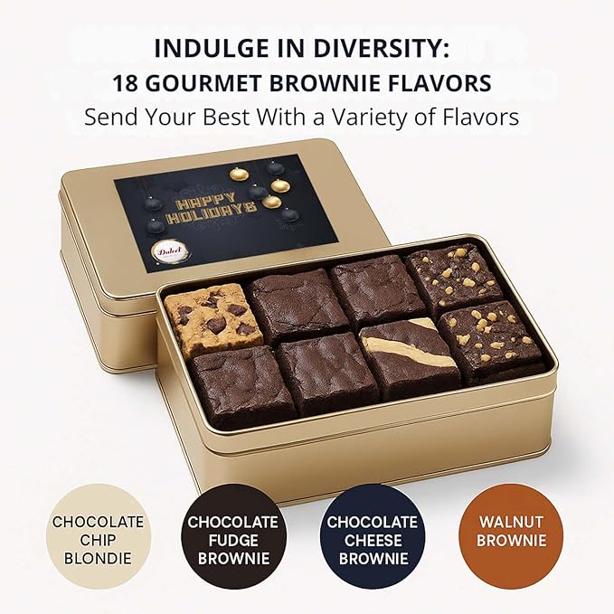 Holiday Gift Baskets - 18 Individually Wrapped Brownies Freshly Baked in a Variety of Flavors - Dulcet's Signature Flavored Fudge Brownies Christmas Gift Baskets for Families - Gift Box Comes with Season Greetings Card