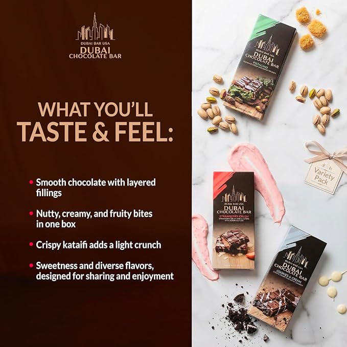 Dubai Chocolate Bar Variety Pack – 2.47oz Premium Chocolate Bar Assortment with Pistachio Cream, Cookies & Cream, Strawberry Crush – Crispy Kataifi, Knafeh Dessert Inspired – Made in USA (6 Pack)