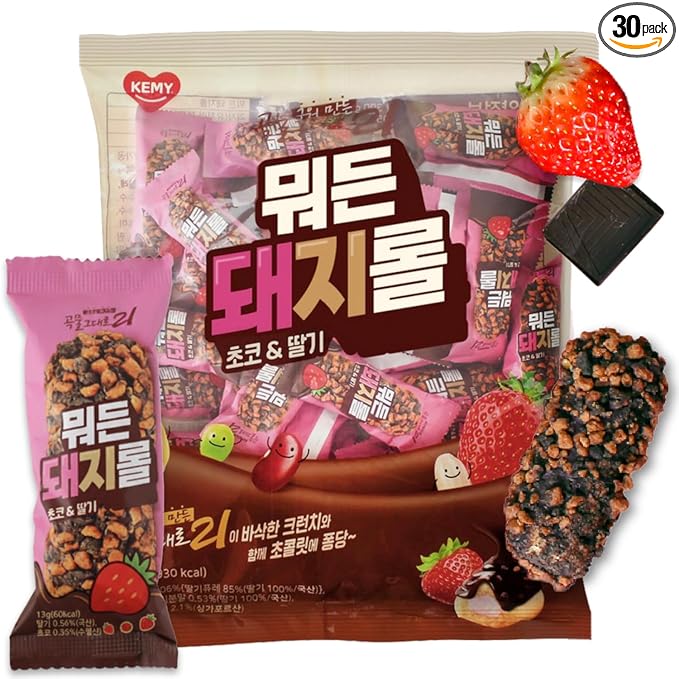 Korean Food CJ Freshway Chocolate Strawberry Crunch Roll Snack 13.8 oz (30 Individually Wrapped Pieces) – Crispy Korean Grain Roll with Strawberry Cream Filling