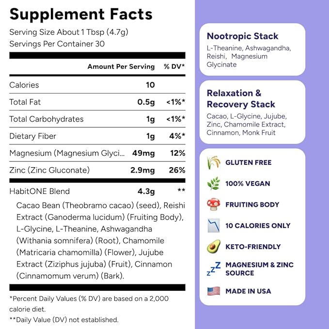 HABIT ONE Nighttime Mushroom Cocoa with Magnesium Glycinate, Ashwagandha & Reishi - Adaptogens Blend - Zinc, L-Theanine, L-Glycine, Chamomile, Jujube & Cinnamon - Made in USA - 30 Servings