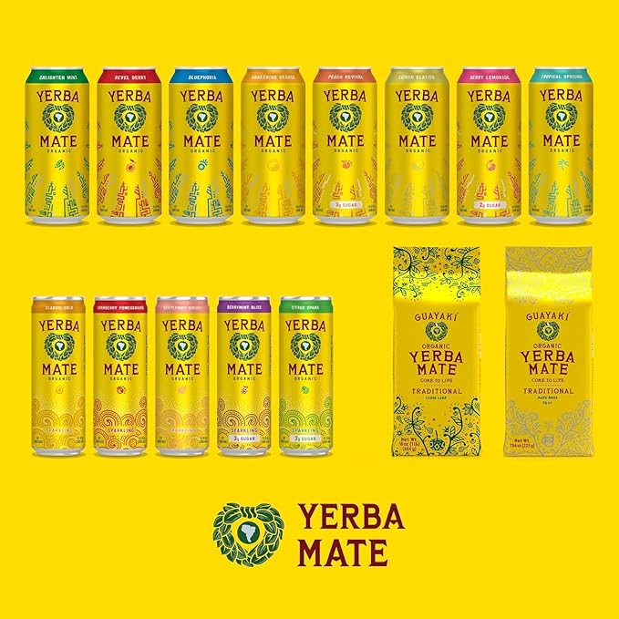 Yerba Madre Organic Yerba mate Energy Drink Alternative, Peach Revival, Low Sugar, 150mg Natural Plant Based Caffeine, Smooth Energy & Focus, No Jitters or Crash, 15.5 Oz (Pack of 12), Packaging May Vary