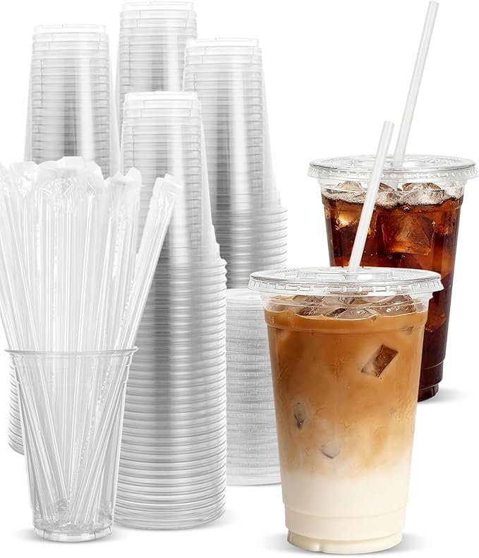 Goodluck 100 Pack 20oz Plastic Cups with Lids and Straws, Clear Disposable Iced Coffee Cups, Food Safe Cold Drink Cups for Bubble Tea, Smoothies & Shakes, BPA Free