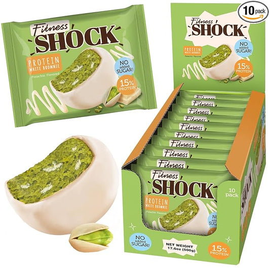 FitnesSHOCK Protein Brownie White Chocolate, No Added Sugar, 15%/7,5g Protein, 233kcal, Pre/Post Workout Snack - No Palm Oil, Filling dietary fibre, Soft Texture, 10x50g - Pistashio flavour