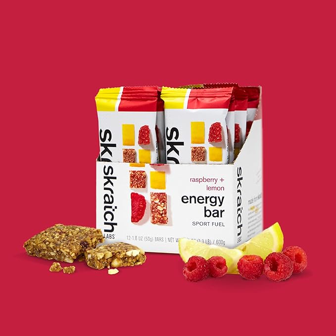 SKRATCH LABS Energy Bar | Raspberry + Lemon (12 pack) | Plant Based Healthy Snack | Low Sugar - 4g Protein | non-gmo, gluten free, soy free, vegan, kosher