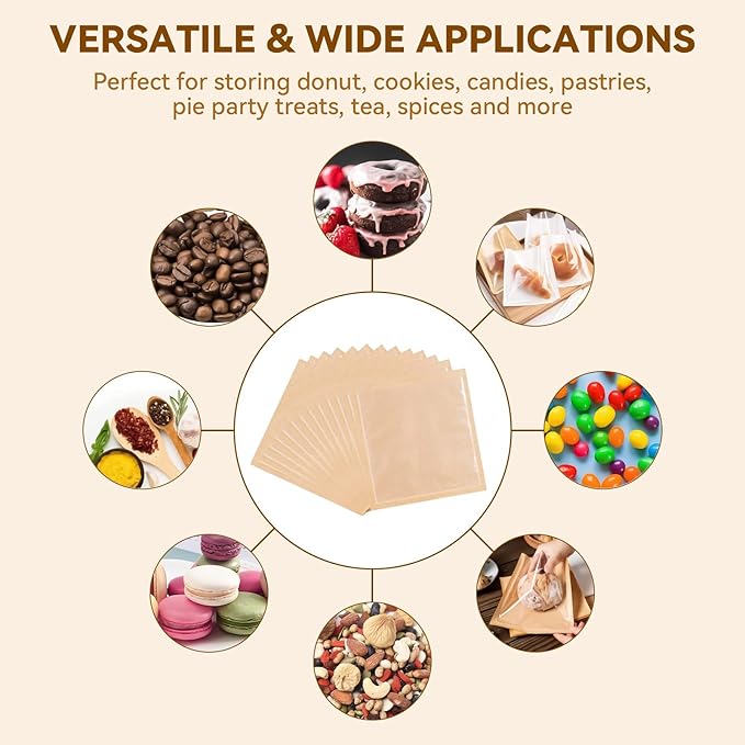 120Pack cookie bags with seal, 5.7x6.5 Inch Small Paper Bakery Bags with Window 140 Pcs Thank You Stickers, Heat Sealable & Grease Resistant for Donut, Treats, Scone, Brownie Packaging