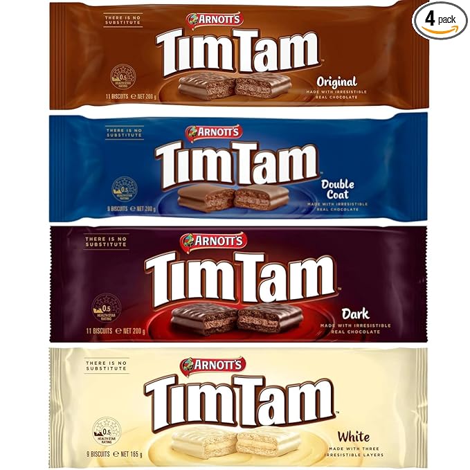 Tim Tam Chocolate Biscuits – 4-Pack Variety: Original, Dark, Double Coat, White – Imported from Australia
