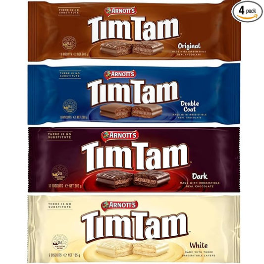 Tim Tam Chocolate Biscuits – 4-Pack Variety: Original, Dark, Double Coat, White – Imported from Australia