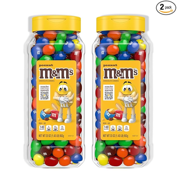 M&M’S Peanut Candy Jars, Assorted Chocolate Candies, Party Size Bulk, Movie Night Treats, Bulk Chocolate Candy, Buffet Chocolates, Resealable and Recyclable, 23 Oz Each, Pack of 2