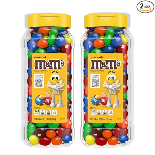 M&M’S Peanut Candy Jars, Assorted Chocolate Candies, Party Size Bulk, Movie Night Treats, Bulk Chocolate Candy, Buffet Chocolates, Resealable and Recyclable, 23 Oz Each, Pack of 2