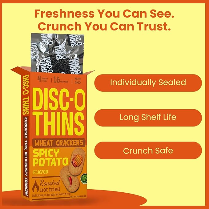 Disc-O Thins Whole Wheat Crackers - Crunchy Roasted Snack, High-Fiber & Low-Fat On-the-go Snack Chips, 96pcs (Spicy Potato) - Vegan-Friendly, Healthy Travel Snack, Non-GMO - Great w/ Spicy Dips, Salsa, or Beer