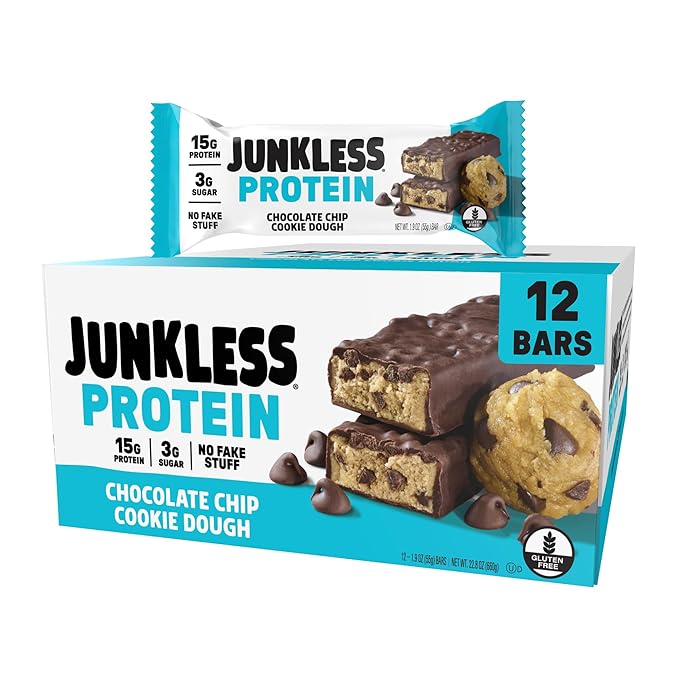 JUNKLESS Protein Bars - Chocolate Chip Cookie Dough - 15g Protein, No Added Sugar, Gluten Free, High Fiber, Delicious Taste and Texture, Satisfying, Healthy Snack for Energy - 12 Bars