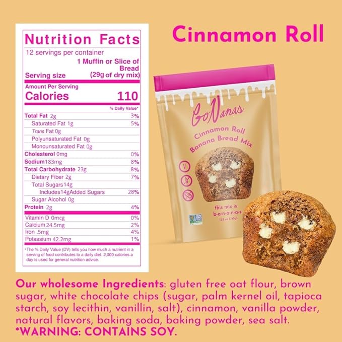 GoNanas Cinnamon Roll Banana Bread Mix, Vegan, Gluten Free Healthy Snacks. Oat Flour Bread or Muffin Mix. Women Owned, US Ingredients, Dairy Free, Nut Free, Delicious Snacks (3 Pack)
