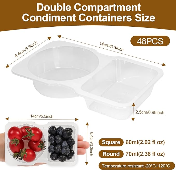CJT 48 sets Double Compartment Condiment Container with Lids, Disposable 2 Compartment Sauce Containers Clear Plastic Snack Container with labels for to-go Sauce, Travel Snack