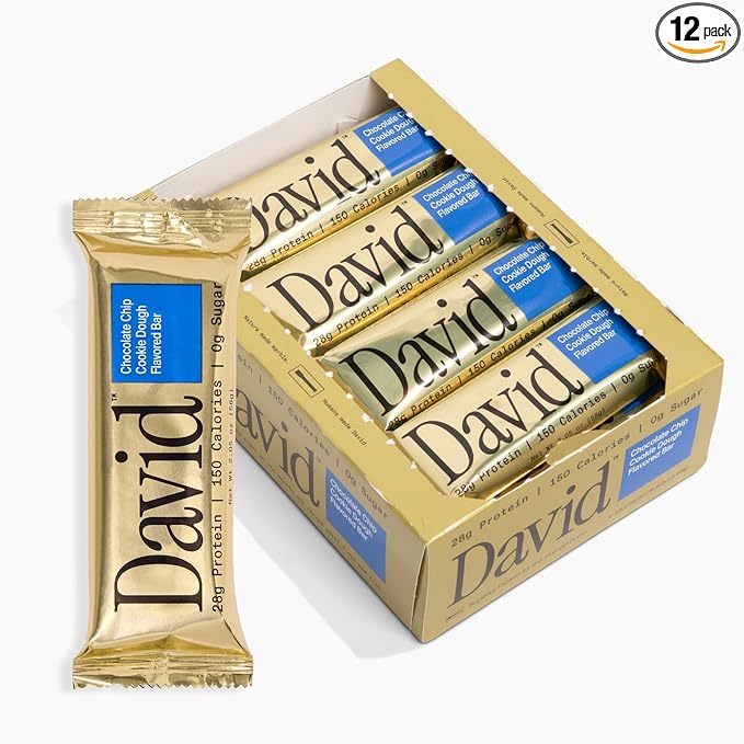 David High Protein Bars No Sugar - Sugar Free Protein Bars, Low Carb, Gluten Free - 28g of Protein, 150 Calories - David Bar On-The-Go Snack - Chocolate Chip Cookie Dough Flavor, Pack of 12