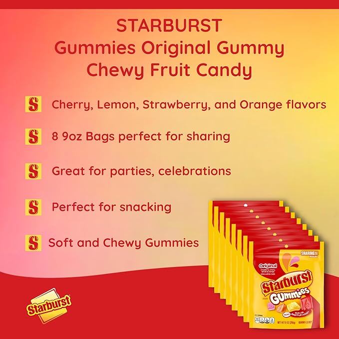 STARBURST Gummies Original Gummy Chewy Fruit Candy, Sharing Size, 9 oz Bag (Pack of 8)