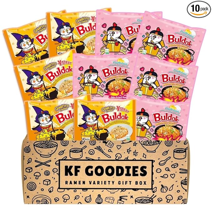 KF GOODIES Korean Ramen Variety Pack Gift Box (10 Count) – Spicy Buldak Noodle Assortment for Birthdays, College Care Packages, Office Snacks, and Gift Baskets