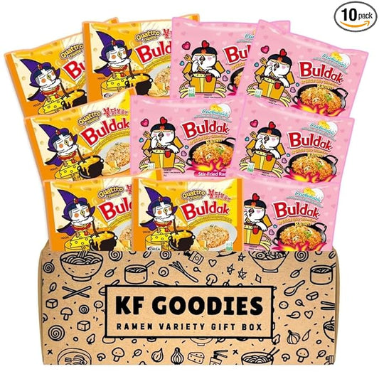 KF GOODIES Korean Ramen Variety Pack Gift Box (10 Count) – Spicy Buldak Noodle Assortment for Birthdays, College Care Packages, Office Snacks, and Gift Baskets