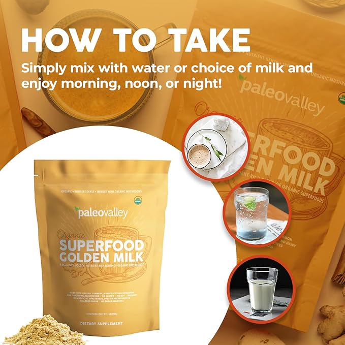 Paleovalley Organic Superfood Golden Milk - Immune, Focus, Cognitive, Longevity - Turmeric, MCT-Rich Coconut Milk, Functional Mushrooms, 30 Servings