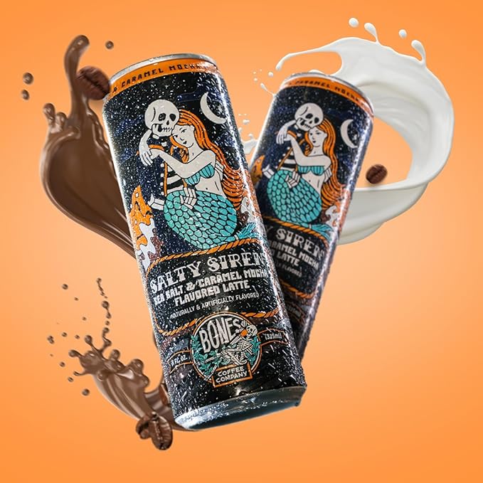 Bones Coffee Company Salty Siren Latte Flavored Coffee, Medium Roast Ready To Drink Iced Coffee in Can, 11 Fl Oz Can (4 Pack)