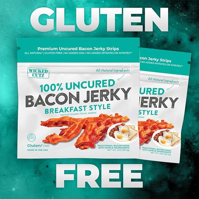 Breakfast Style Bacon Jerky, 14g Protein Per Bag, Tender & Easy to Chew Fully Cooked Bacon, USA Made, High Protein Carnivore Snacks (2 Bags)