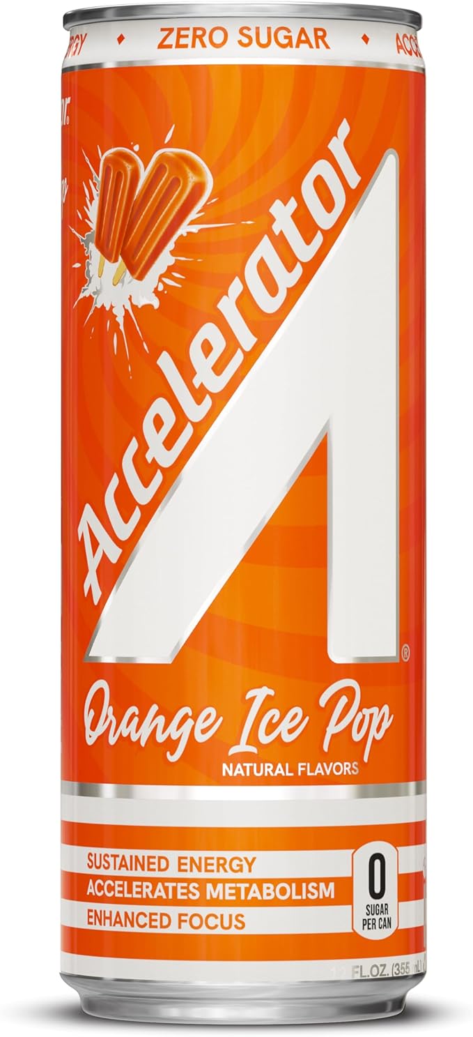 Accelerator Energy Drink, Orange Ice Pop 12oz can (12 pack), Zero Sugar, Sustained Energy from 100% Natural Caffeine (200mg from Green Coffee Bean & Green Tea extract)