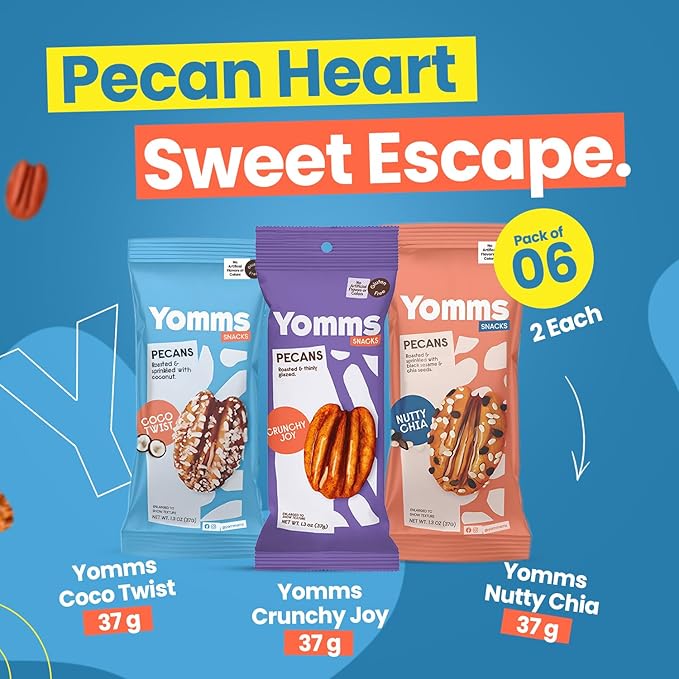 Yomms Gourmet Glazed Whole Pecan Halves Variety Pack, 7.8 oz (6 Pack), Gluten-Free & Non-GMO Healthy Dessert Snacks – Low Sugar Candied Nut Pouches – Coco Twist, Nutty Chia, Crunchy Joy – 1.3oz Individual Bags