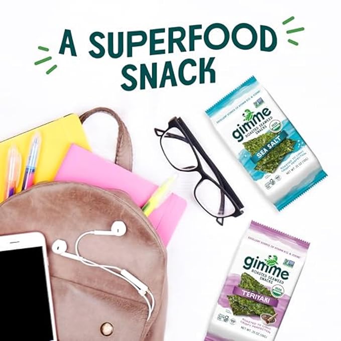 Gimme Seaweed Organic Premium Roasted Seaweed Snacks, Teriyaki, 6 Count, Keto, Vegan, Gluten-Free, Great Source of Omega3s and Iodine, Healthy On-The-Go Snack for Kids and Adults