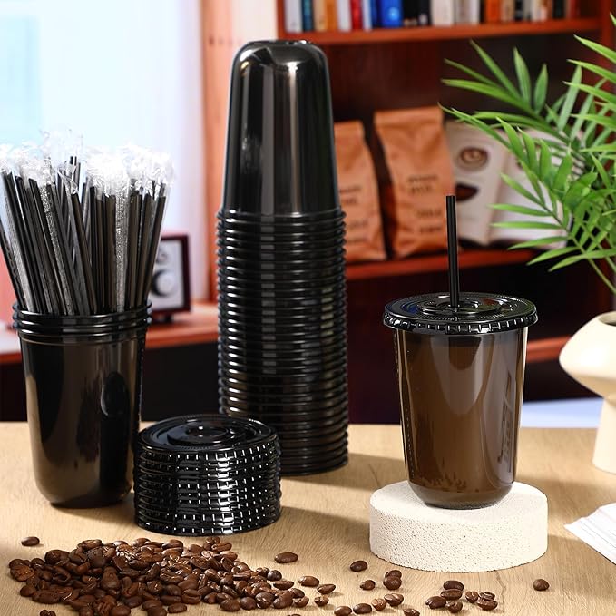 Ziliny 50 Sets Clear Plastic Cups with Lids and Straws, Disposable Iced Coffee Cups Drinking PET for Cold Drinks, Juice, Smoothie, Coffee Shops, Party, Christmas(Black,16 oz)