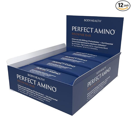 BodyHealth PerfectAmino Bar – Protein Energy Snack with 10g Protein, Plant-Based MCTs, Superfood Blend, Non-GMO, Gluten, Dairy & Soy Free (Brownie, 12 Pack)