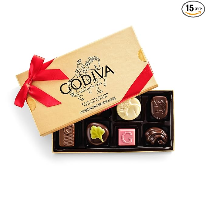 Godiva Red Ribbon Gold Assorted Chocolate Gift Box, Belgian Dark and Milk Chocolates with Pralinés, Ganaches & Caramels, Gourmet Valentine's Day Gift, Kosher, 8 Pc