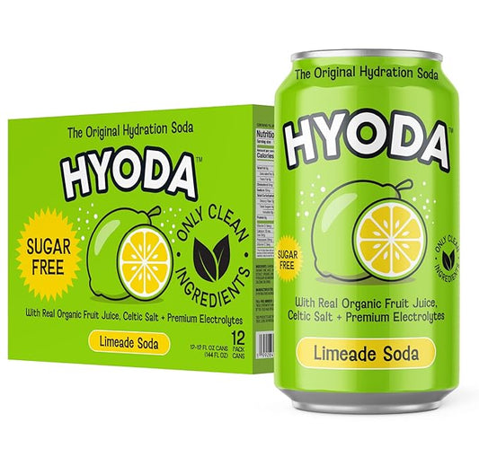 HYODA Limeade Soda, Gluten Free and Vegan Sparkling Electrolyte Drink, Made with Organic Lime Juice, Celtic Salt, and Calcium, Keto, Zero Sugar, Plant Based, Caffeine Free, 12 FL OZ Cans, 12 Pack