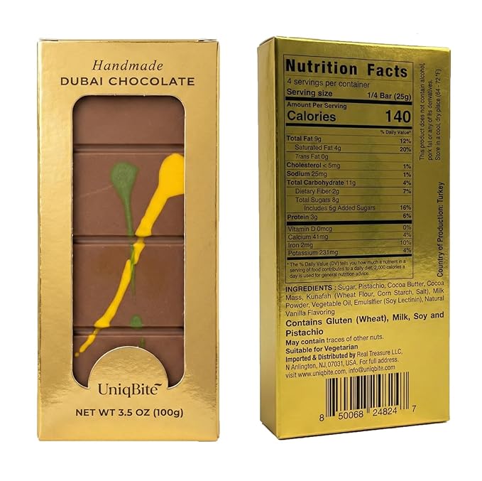 UniqBite Dubai Chocolate Bar Pistachio, Crunchy Loaded Viral Knafeh Chocolate Bar with Pistachio Cream and Kataifi (3.5 Ounces)