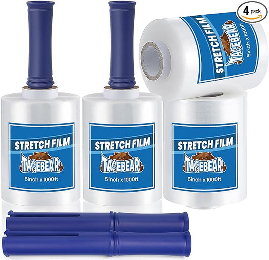 TAPEBEAR Mini Clear Stretch Wrap Film 80 Gauge 5" x 1000Ft, Shrink Wrap Roll with Handle, Durable Self-Adhering Clear Plastic Wrap Industrial Strength Pallet Shrink for Moving, Packing, 4-Pack