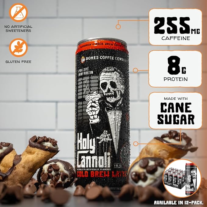 Bones Coffee Company Holy Cannoli Latte Baked Cannoli Flavored Coffee, Medium Roast Ready To Drink Iced Coffee in Can, 11 Fl Oz Can (12 Pack)