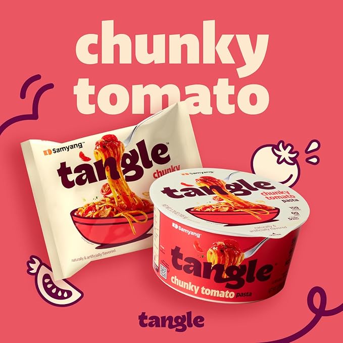 Samyang Tangle Chunky Tomato Pasta | Instant Pasta | Mukbang | 15g of Protein | Linguine | 6g of Fiber | Chick Pea based | Easy Prep | Convenient | 4 Pack