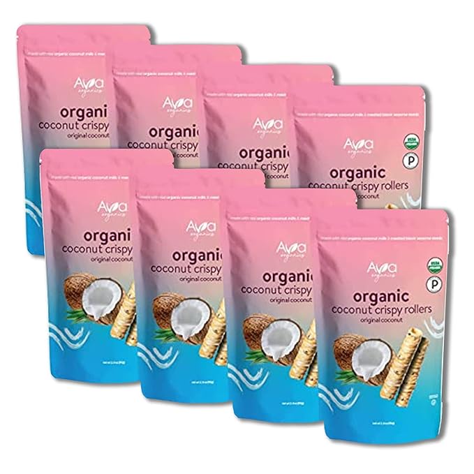 Original Coconut Crispy Rollers (2.8 oz bags) Ava Organics - Gluten Free, Non-GMO, Kosher, Vegetarian & Certified Paleo Lightly Sweetened Baked Coconut Crisps (Pack of 8)