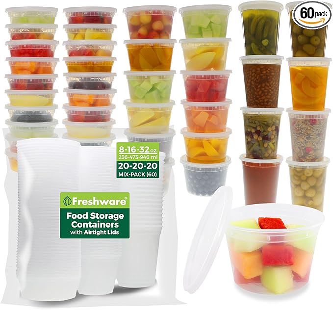 Freshware Food Storage Containers with Lids [8/16/32 oz x 20 each, 60 sets] Deli Containers, Microwave and Freezer Safe, Stackable, Leakproof, BPA Free, Clear