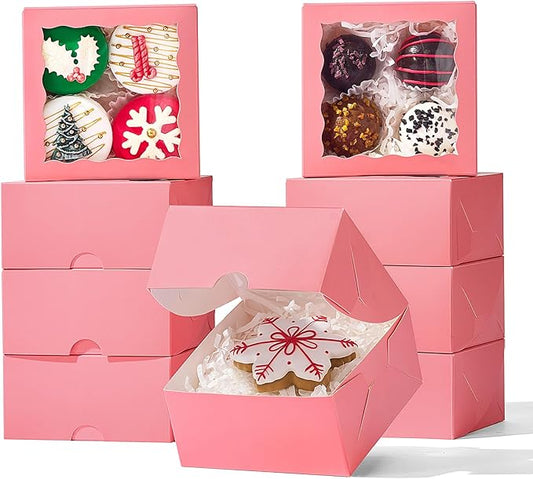 JCXGRVC 100 Pack 4x4x2 Inches Pink Bakery Boxes with Clear Window Perfect for Packaging Macaron Ores Chocolate Truffle Strawberry Cookie Donut Pie Treat Boxes for Wedding Valentine's Birthday
