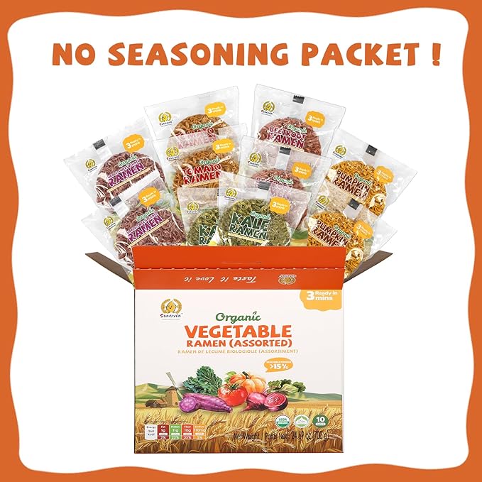 SUNGIVEN Organic Ramen Noodles Mixed Vegetable Healthy Low Sodium Ready in 3 Minutes Non-Fried Instant No Additives or Preservatives 2.47 OZ (Pack of 10)