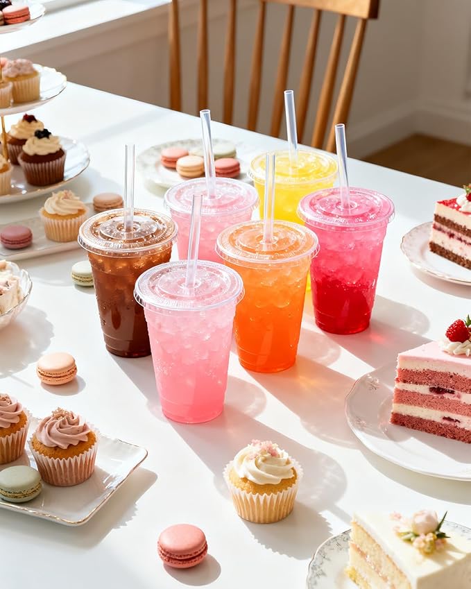 Goodluck 100 Pack 20oz Plastic Cups with Lids and Straws, Clear Disposable Iced Coffee Cups, Food Safe Cold Drink Cups for Bubble Tea, Smoothies & Shakes, BPA Free