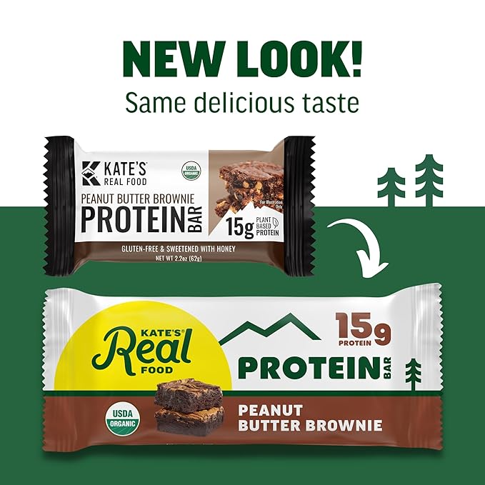 Kate’s Real Food Organic Protein Bars – (Peanut Butter Brownie, 2.2 oz, Pack of 12) – Plant Based Protein Bars - Gluten Free, Soy Free, Non GMO, Whole Grains, and All Natural