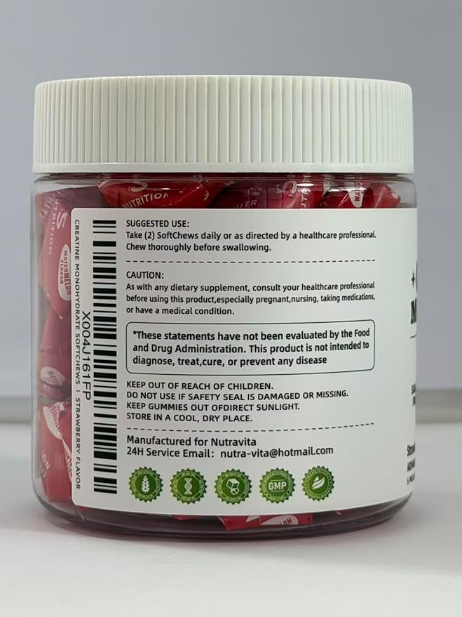 NUTRAVITA Creatine Monohydrate Chews (5g) – Pre-Workout Energy & Muscle Growth Support for Men & Women | Strawberry Electrolyte Gummies (60 Count)
