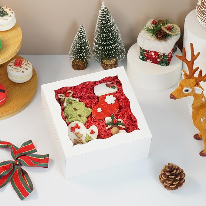 JOHOPACK 100 Pack 5x5x2.5 Inch Bakery Boxes Cookie Boxes with window Treat Box Chocolate Covered Strawberries Box for Macaroon Dessert Cupcake Pastry Muffins