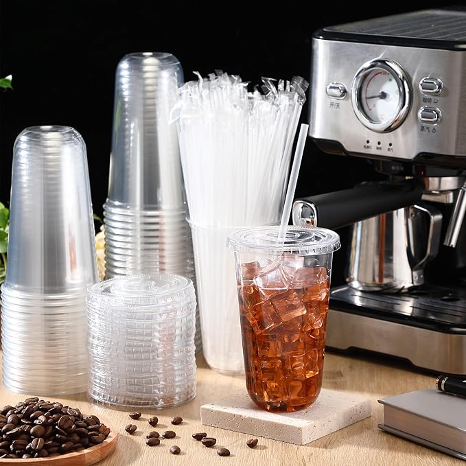 Ziliny 50 Sets Clear Plastic Cups with Lids and Straws, Disposable Iced Coffee Cups Drinking PET for Cold Drinks, Juice, Smoothie, Coffee Shops, Party, Christmas(Clear,18 oz)
