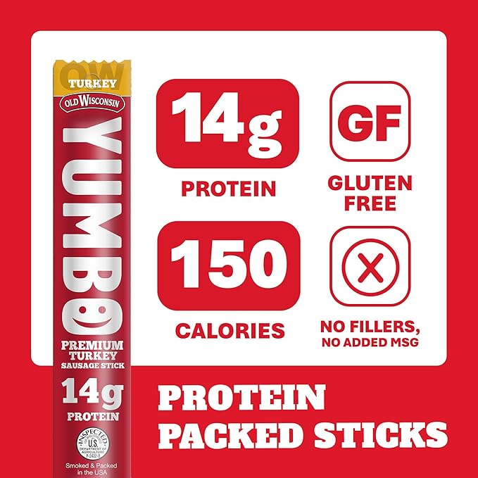 Old Wisconsin Yumbo Summer Sausage Snack Sticks, Ready to Eat, High Protein, Low Carb, Keto, Gluten Free, 20 Individually Wrapped 2oz Sticks, Turkey Flavor