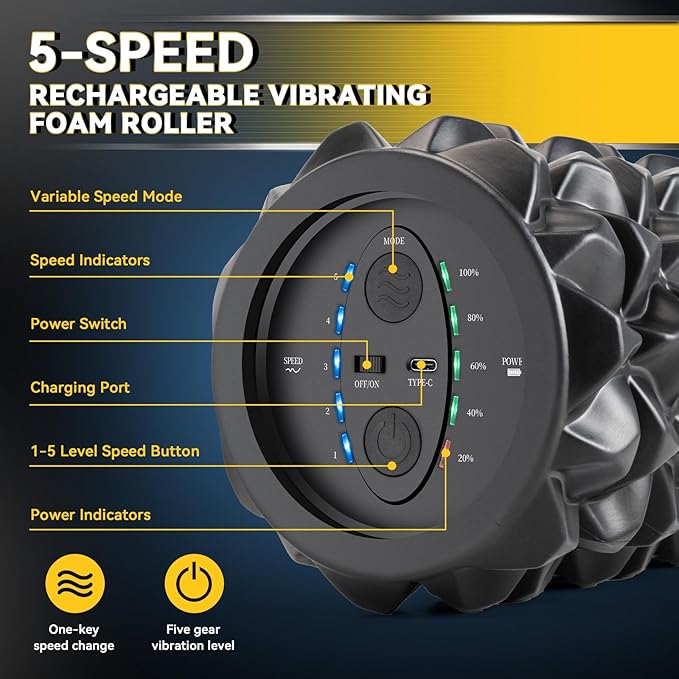 LTHTRADE Vibrating Foam Roller, High Density Massage Muscle Roller Back Roller Foam for Back Pain Relief & Muscle Recovery and Physical Therapy, 5-Speed Rechargeable Exercise Roller, 2 Modes