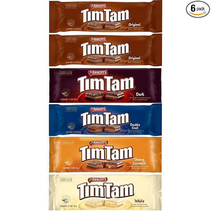 Arnott’s Tim Tam Chocolate Biscuits – 6-Pack Assortment: 2 Original, 1 Dark, 1 Double Coat, 1 Chewy Caramel, 1 White – Made in Australia