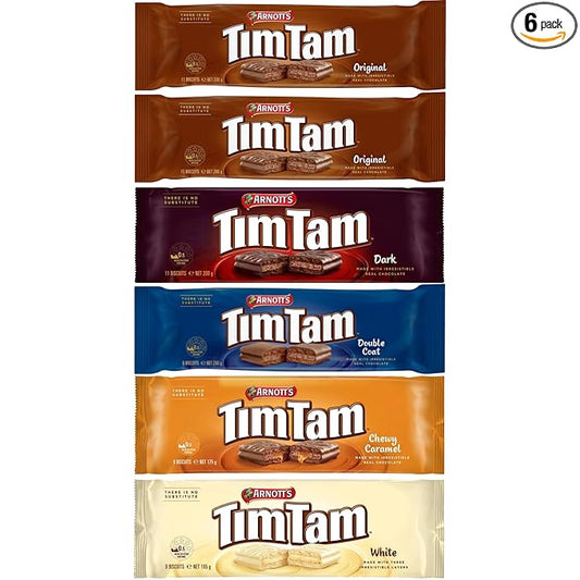 Arnott’s Tim Tam Chocolate Biscuits – 6-Pack Assortment: 2 Original, 1 Dark, 1 Double Coat, 1 Chewy Caramel, 1 White – Made in Australia