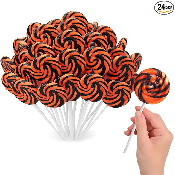 Orange and Black Swirl Lollipops, Pack of 24 Pieces Suckers Individually wrapped, Ideal Lollipops Bulk Supply for Candy Buffets and Trick or Treat Bags, Vibrant Swirl Suckers for Easy Sharing