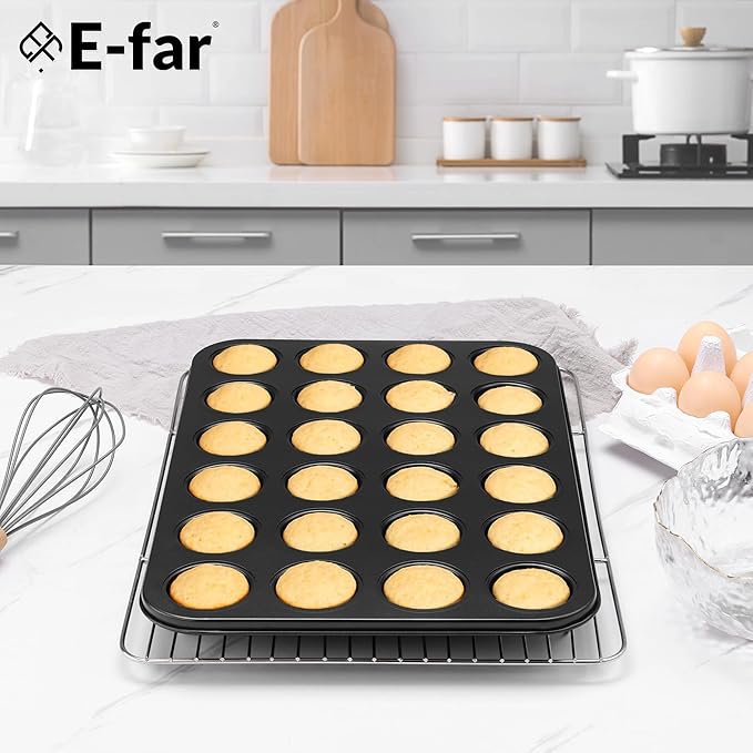 E-far Mini Muffin Pan 24-Cup - Nonstick Carbon Steel Cupcake Tin Tray for Little Bites & Freezer Prep | Warp-Free Bakeware Ensures Even Baking & Effortless Release, Regular Size & Oven Safe